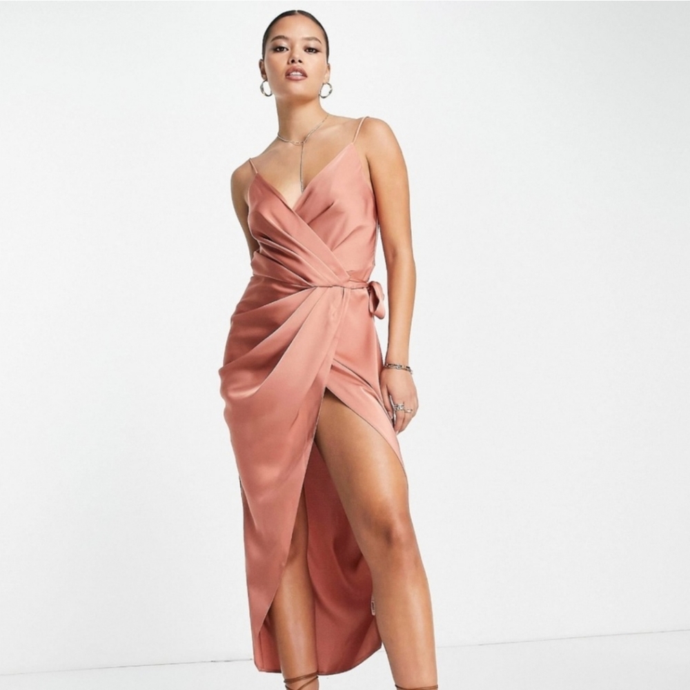 Asos Design Midi Wrap Satin Dress Sz 8 Terracotta Rustic Rose Drape Back Detail